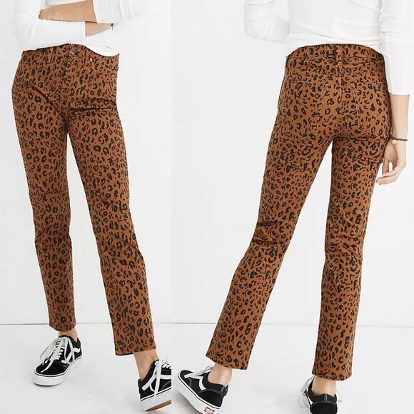 Madewell Stovepipe Leopard Print Jeans High Rise Straight Leg 24 Brown Black - Picture 1 of 16